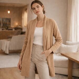 Pact 100% Organic Cotton Long Cardigan Camel Open Front Cozy Sustainable M/L